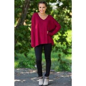 Piko Wine Red Long Sleeve T-Shirt V-Neck Top NWT
